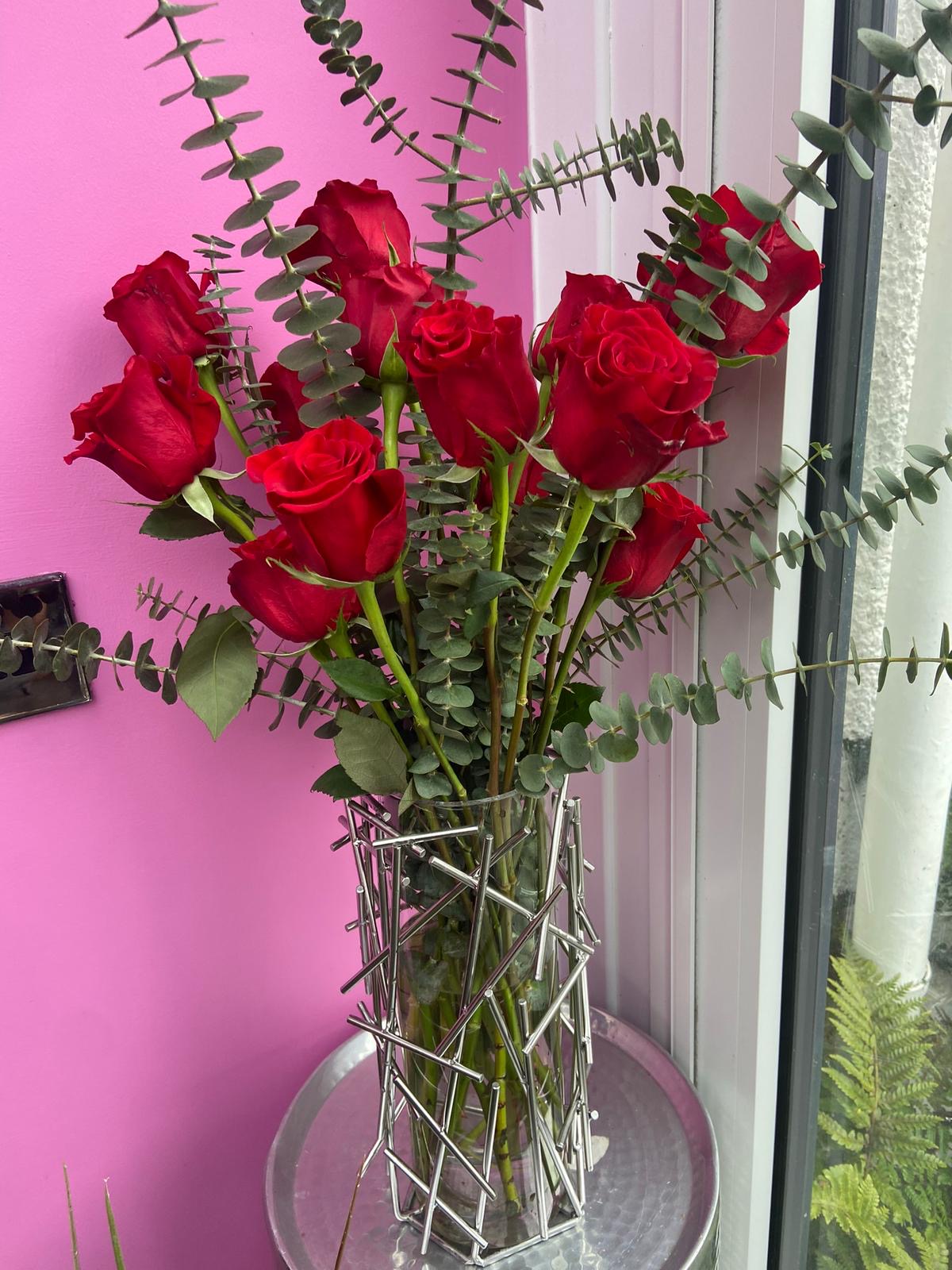 Velvet Crimson Rose & Eucalyptus Display